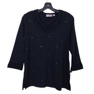 Quacker Factory Shirt Women’s S Small Black Ruffle Trim Rhinestone Top Tee